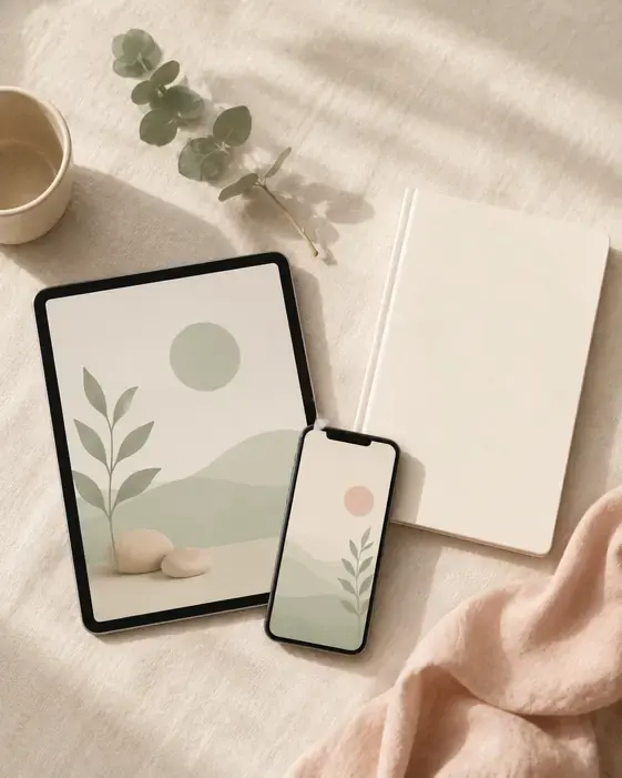 Tablet und Smartphone mit ruhiger App-Ansicht neben einem gedruckten Workbook